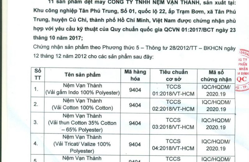 Chứng Nhận Sản Phẩm Nệm Vạn Thành